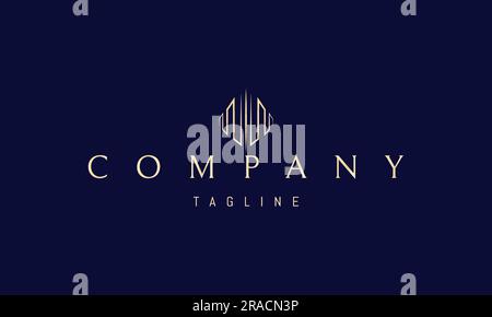 Vektorgoldenes Logo, auf dem ein abstraktes Bild eines künstlichen Gehirns in linearem Stil dargestellt wird. Stock Vektor