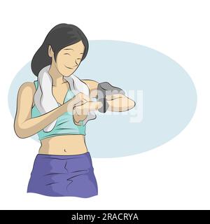 Linienkunst Frau in Sportbekleidung schaut auf Smart Watch Illustration Vektor Hand gezeichnet isoliert auf weißem Hintergrund Stock Vektor