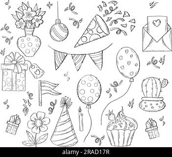Feiertagsgeburtstag. Festliche Kritzeleien. Blumenstrauß, Geburtstagsmütze, Kuchen, Ballons, Geschenke und Girlanden. Isolierte lineare Vektorzeichnungen von Hand Stock Vektor