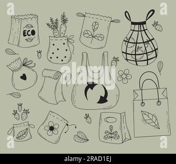 Umweltfreundliche Taschen. Papiersammeltaschen, umweltfreundlich, Verpackung und Netze mit Beeren und Obst. Vektordarstellung. Einzelzeichnungen von Handleitungen. Umwelt Stock Vektor