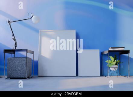 Fotomodell mit himmelblauem Hintergrund einfangen. 3D Darstellung rendern Stockfoto