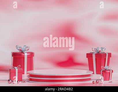 Pinkfarbenes Podium und Geschenkboxen auf pinkfarbenem Hintergrund. 3D-Rendering. Zum Platzieren von Schönheitsprodukten Stockfoto