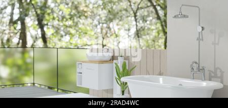 Minimalistisch modernes Badezimmer mit Badewanne, Duschkopf, Waschbecken auf der Theke, natürlicher Blick nach draußen. 3D-Rendering, 3D-Abbildung Stockfoto