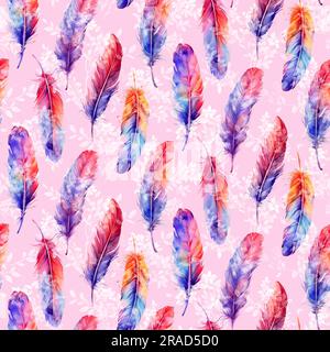 Farbenfrohe Aquarelle, nahtloses Muster auf pinkfarbenem Hintergrund, fantasievolle Illustration, Stockfoto