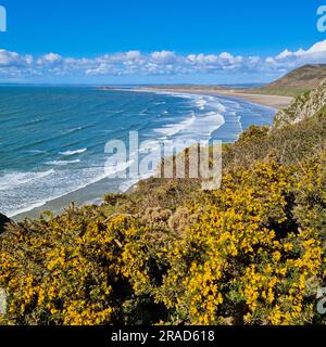 Willkommen am atemberaubenden Rhossili Bay Beach, ein wahres Juwel eingebettet auf der Gower-Halbinsel in Wales. Mit seinem riesigen goldenen Sand und azurblauem Wasser Stockfoto