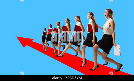 Kreative konzeptionelle Collage. Entwicklung des beruflichen Erfolgs. Junge, motivierte Frau, Mitarbeiter, steigende Karriere Stockfoto