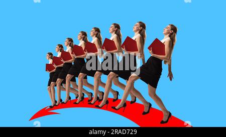 Kreative konzeptionelle Collage. Junge, ehrgeizige und motivierte Frau, Mitarbeiter, die beruflich erfolgreich ist und sich weiterentwickelt Stockfoto