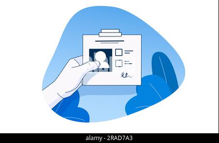 ausweisdokument oder Ausweis zum Halten von Händen. Identifizierungskonzept. Einfacher Umriss. Vektordarstellung Stock Vektor