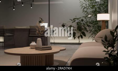 Innendesign eines modernen, gemütlichen Wohnzimmers bei Nacht mit komfortablem Sofa, hölzernem Kaffeetisch, Pflanzen im Innenbereich und Essbereich. Nahaufnahme. 3D Stockfoto
