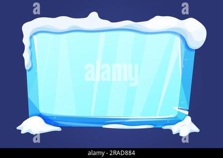 Eisknopf, eingefrorener Rahmen mit Schnee, Level-Menü im Cartoon-Stil, isoliert auf weißem Hintergrund. Glänzendes Glasfenster, Spiel-ui-Element. . Vektordarstellung Stock Vektor