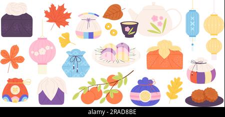 Traditionelle elemente des chuseok Festivals. Koreanische Glückstüten, Orangenbaum und Kekse. orientalischer chinesischer Herbst, gutes Essen und Symbole Vektorset Stock Vektor