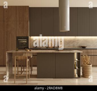 Einfache moderne dunkle Holzküche. Apartment mit Innendesign im skandinavischen Stil. Braune Kücheninsel. 3D-Rendering-Abbildung Stockfoto