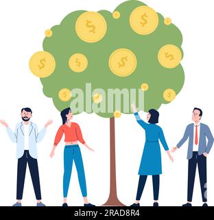 Menschen- und Geldbaum. Sammeln Sie finanzielle Erträge, Gewinne aus Geschäften und Investitionen. Das Business-Team schaut auf Münzen, Vektor-Startszene Stock Vektor