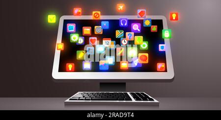 Computer mit einer Wolke von App-Symbolen auf dem Bildschirm. Konzept des Anwendungsspeichers. Vektordarstellung Stock Vektor