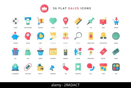 Rabattgutscheine für die App und den Marktplatz im Einzelhandel, Werbeaktionen und Geschenke, Unterstützung bei der Bezahlung und beim Einkaufen mit Taschen. Trendige flache Symbole für E-Commerce und Vertrieb bilden die Vektordarstellung Stock Vektor