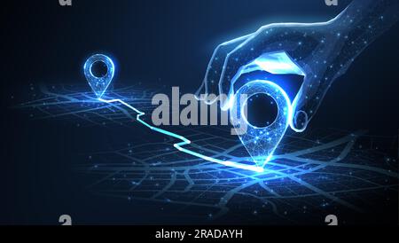 Digitale Handposition auf Karte mit zwei Pins. KI-Technologie in GPS, Innovationsbereitstellung Stock Vektor