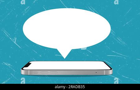 Kunstcollage, Telefon- und Sprachblasen, Nachrichten. Der Begriff der Kommunikation in sozialen Netzwerken. Stockfoto