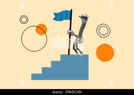 Kollagenzusammensetzung Illustration eines kopflosen Straußentieres mit blauer Flagge Abschluss der Arbeit oben isoliert auf beigem Hintergrund Stockfoto