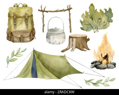 Camping-Aquarell-Set. Handgezeichnete Darstellung von Wanderzelt und Lagerfeuer auf einem weißen, isolierten Hintergrund. Zeichnung von Rucksack und Reisetopf. Traditionelle Ausrüstung für Campingplatz im Wald für Clipart. Stockfoto