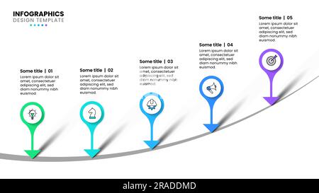 Infografik-Vorlage mit Symbolen und 5 Optionen oder Schritten. Punkte. Kann für Workflow-Layout, Diagramm, Banner, webdesign verwendet werden. Vektordarstellung Stock Vektor