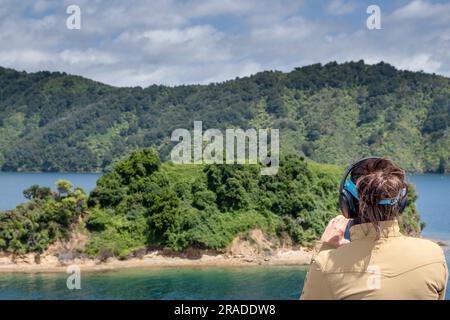 Fantastische Ausblicke auf Queen Charlotte Sound (Tōtaranu) von Wellington nach Picton Cook Strait Ferry Crossing von Nordinsel nach Südinsel, Neuseeland Stockfoto