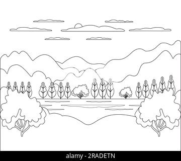 Vektordarstellung im Querformat. Grafisches Design Panorama mit Natur, Berg, Hügel, Baum, Himmel, Wolke, Sonne. Landschaftsstil mit abstrakter Backgrou Stock Vektor