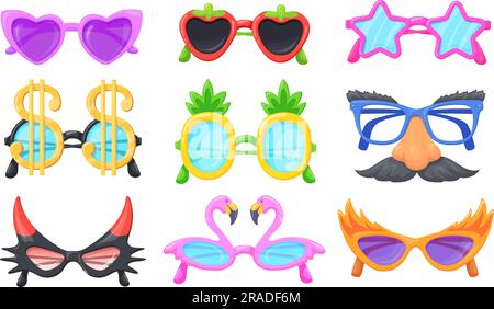 Partybrille. Lustige Brille, Karnevalskleid 70s-Augen-Accessoires Hippie-Sonnenbrille Dollar-Sterne-Herzlinsen Rahmen, flippige Hipster-Brille lustige Brillen Set ordentliche Vektordarstellung Stock Vektor