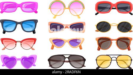 Sonnenbrille. Verschiedene trendige Sonnenbrillen mit verschiedenen Gläsern, schwarze Brille kühle Brillen Brillen Brillen Sonnenlicht Brillen Kollektion Vektorgrafik Brille Sonnenbrille und Augenlicht Stock Vektor