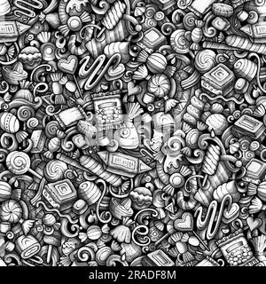 Cartoon Doodle Candies mit nahtlosem Muster. Kulisse mit Symbolen und Gegenständen von Süßwaren. Einfarbiger detaillierter Hintergrund für den Druck auf Stoff, Textil, Stock Vektor