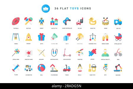 Kinderpiktogrammsammlung mit Kinderwagen, Gummiente und Auto, Unterhaltung für die Freizeit von Kindern. Spielzeuge für Jungen und Mädchen trendige flache Symbole stellen eine Vektordarstellung dar Stock Vektor