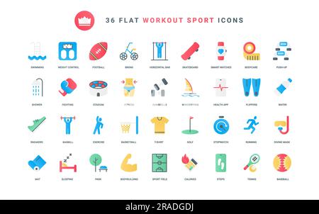 Fitnessgeräte für Fitness-Übungen und Yoga, Laufschuhe für Sportler, Health Mobile App und Waagen zum Messen und Kontrollieren des Gewichts. Sport-Workout trendige flache Symbole stellen die Vektordarstellung ein Stock Vektor