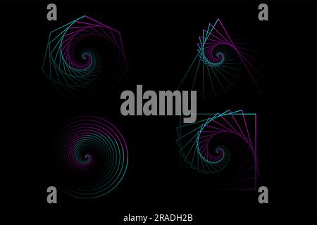 Satz verdrehter farbiger Spiralen. Heilige Geometrie. Tunnel mit Linien in Form eines Dreiecks, Quadrats, Kreises und Rechtecks. Geometrischer Vektorfraktal Stock Vektor