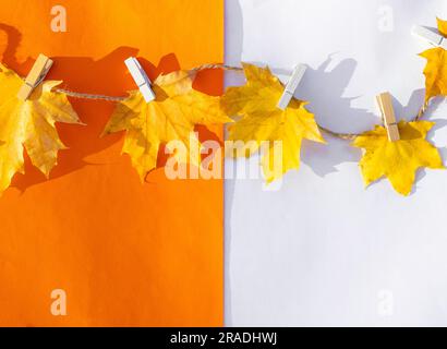 Herbstblätter auf Papier mit bunten Bleistiften Brillenrahmen ohne Mockup Stockfoto