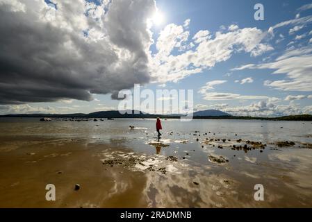 Frau, die mit einem Hund am Ufer von Lough Cullin, Pontoon, County Mayo, Irland, spaziert, mit Sturmwolken darüber Stockfoto