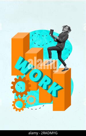Kreatives Design Picture Concept Collage Workaholic Career Grow Diagramm zeigt einen Mechanismus für hohe Produktivität isoliert auf blauem Hintergrund Stockfoto
