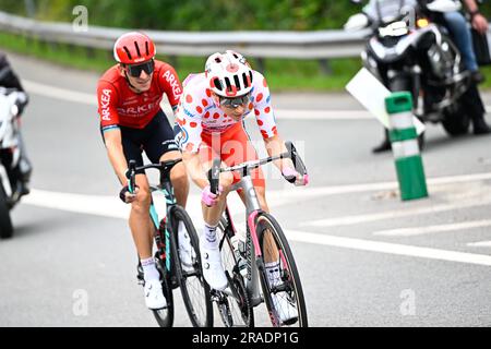 Bayonne, Frankreich. 03. Juli 2023. US' Neilson Powless von EF Education-EasyPost und Laurent Pichon von ARKEA-Samsic in Aktion während der dritten Etappe der Tour de France, einem 187 km langen 4 km langen Rennen von Amorebieta-Etxano nach Bayonne, Frankreich, Montag, den 03. Juli 2023. Die diesjährige Tour de France findet vom 01. Bis 23. Juli 2023 statt. BELGA FOTO JASPER JACOBS Kredit: Belga News Agency/Alamy Live News Stockfoto