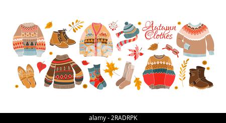 Herbstbekleidung und Accessoires flacher Style. Warmer Pullover und Schuhe mit Schriftzug. Stock Vektor