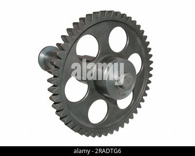 Zahnrad isoliert auf weißem Hintergrund. Ein echtes Metallzahnrad Stockfoto
