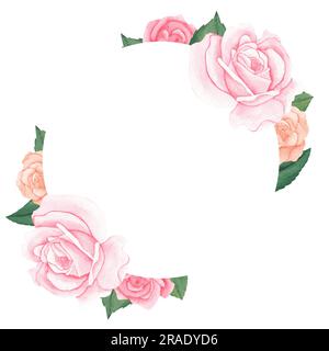 Aquarelle Kranz mit wunderschönen pinkfarbenen Pastellrosen mit Blättern. Handgezeichnet mit einem Platz für Ihren Text oder Ihr Foto in der Mitte. Qualitativ hochwertige Darstellung Stockfoto