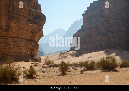 Arabische Wüste. Wadi Rum. Weltraumlandschaft. Fußspuren im Sand. Drehort für viele Science-Fiction-Filme. Stockfoto