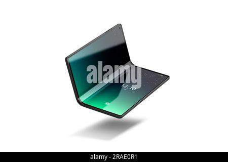 Leer aktiviert Flexible Buchtelefonanzeige geöffnetes Modell, isoliert, 3D-Rendering. Leeres, elastisches Buch-Smartphone mit Bildschirmmuster. Klare Hälfte Stockfoto