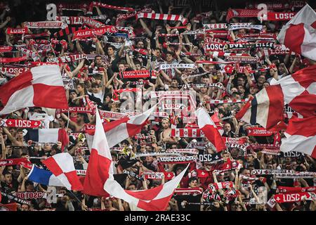 Fans von Lille während des Fußballspiels der französischen Meisterschaft Ligue 1 zwischen LOSC Lille und Olympique de Marseille am 20. Mai 2023 im Stadion Pierre Mauroy in Villeneuve-d'Ascq bei Lille, Frankreich - Photo Matthieu Mirville / DPPI Stockfoto