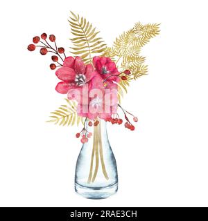 Handgezeichnete Aquarellzusammensetzung - Xmas Bouquet in einer Glasflasche. Rote Blumen mit goldenen Farnen und roten Beeren. Zwei Optionen – auf weiß und transpar Stockfoto