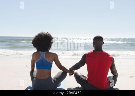 Rückansicht des FIT-afroamerikanischen Paares, das Yoga-Meditation praktiziert und Hände am sonnigen Strand hält Stockfoto
