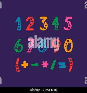 Vektorsatz von Zahlen und mathematischen Symbolen. Objekte auf violettem Hintergrund isoliert. Stock Vektor