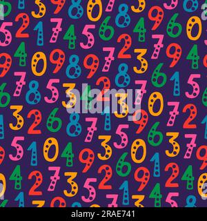 Nahtloses Vektormuster mit Zahlen in zufälliger Reihenfolge. Objekte auf violettem Hintergrund isoliert. Stock Vektor