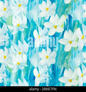 Nahtloses Muster abstrakter weißer Blumen auf Blau, handgezeichnet, impressionistischer Stil, Farbstruktur, Pinselstriche, Kunsthintergrund. Stockfoto