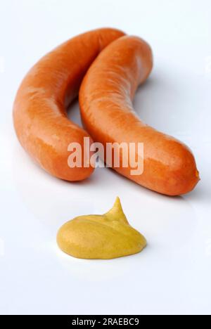 Bockwurst und Senf, Bockwurst, Wurst, Wurst, Bockwurst Stockfoto