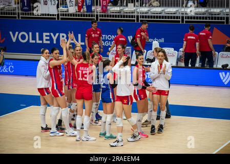 Volleyballnationalmannschaft Serbiens beim Volleyball Nations League-Spiel gegen Bulgarien am 2. Juli 2023 in Suwon, Südkorea Stockfoto