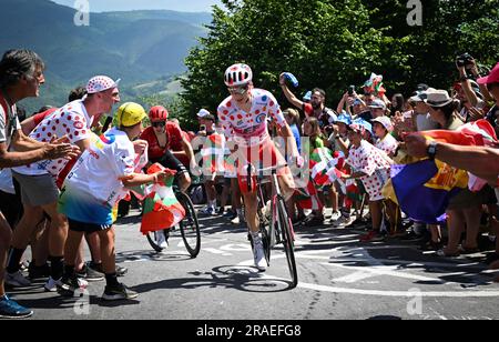 Bayonne, Frankreich. 03. Juli 2023. US' Neilson Powless von EF Education-EasyPost und Laurent Pichon von ARKEA-Samsic in Aktion während der dritten Etappe der Tour de France, einem 187 km langen 4 km langen Rennen von Amorebieta-Etxano nach Bayonne, Frankreich, Montag, den 03. Juli 2023. Die diesjährige Tour de France findet vom 01. Bis 23. Juli 2023 statt. BELGA FOTO JASPER JACOBS Kredit: Belga News Agency/Alamy Live News Stockfoto